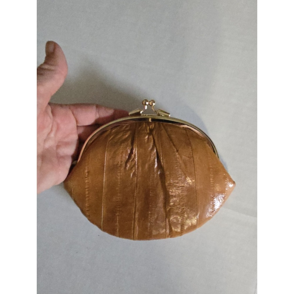 VTG Eel Skin Coin Purse Wallet Clutch 2 Compartments Kiss Lock Buttery Brown